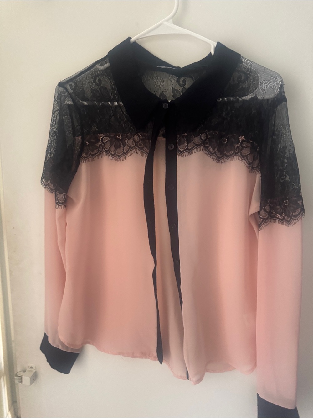 Charlotte Russe Pink Blouse with Black Lace Yoke and Collar
